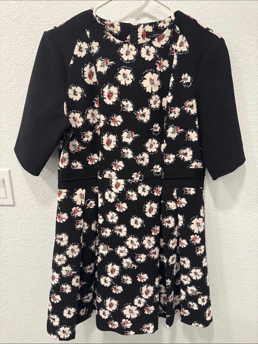Zara Black Floral Fit & Flare Dress with Cream and Pink Flowers